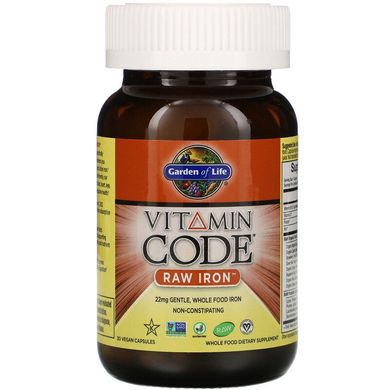 Garden of Life, Vitamin Code, RAW Iron, 30 веганських капсул (GOL-11376), фото