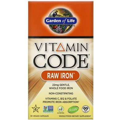 Garden of Life, Vitamin Code, RAW Iron, 30 веганських капсул (GOL-11376), фото
