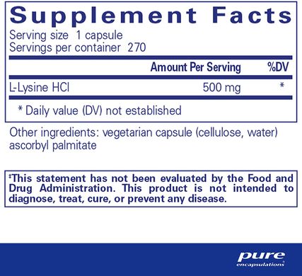 Pure Encapsulations, L-лізин, 500 мг, 270 капсул (PE-01242), фото