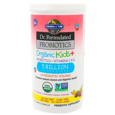 Garden of Life, Dr. Formulated Probiotics, Organic Kids+, зі смаком органічної полуниці та банана, 30 смачних жувальних таблеток (GOL-12221), фото
