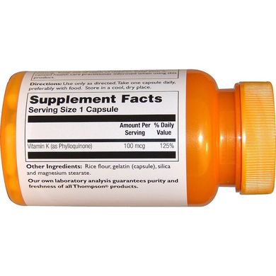 Вітамін К, Vitamin K, Thompson, 100 мкг, 30 капсул (THO-19935), фото