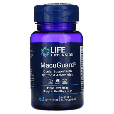 Life Extension, MacuGuard, поддержка зрения с шафраном и астаксантином, 60 капсул (LEX-19936), фото