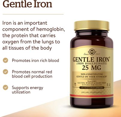 Solgar, Gentle Iron, 25 мг, 180 рослинних капсул (SOL-01250), фото