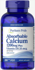 Кальций и витамин Д3, Absorbable Calcium with Vitamin D3, Puritan's Pride, 1200 мг/1000 МЕ, 200 гелевых капсул (PTP-16274), фото