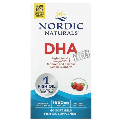 Nordic Naturals, DHA Xtra, клубничный вкус, 830 мг, 60 мягких гелевых капсул (NOR-01745), фото