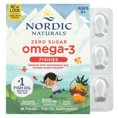 Nordic Naturals, рыбки из омега-3, без сахара, для детей от 3 лет, 300 мг, вкус тутти-фрутти, 36 рыбок (NOR-31130), фото