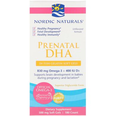 Риб'ячий жир для вагітних, (Prenatal DHA), Nordic Naturals, риб'ячий желатин, 500 мг, 180 капсул (NOR-01749), фото