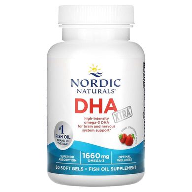 Nordic Naturals, DHA Xtra, клубничный вкус, 830 мг, 60 мягких гелевых капсул (NOR-01745), фото