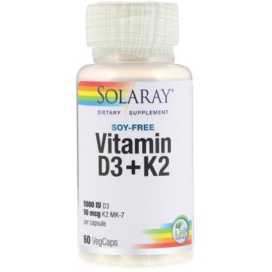 Solaray, витамины D3 и K2, 125 мкг (5000 МЕ)/50 мкг, без сои, 60 вегетарианских капсул (SOR-38584), фото