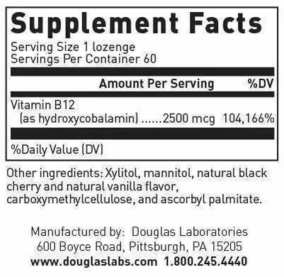 Витамин В12 гидроксикобаламин, Vitamin B12, Douglas Laboratories, 2500 мкг, 60 быстрорастворимых таблеток (DOU-97794), фото