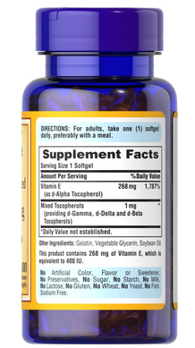 Вітамін Е і суміш токоферолів, Vitamin E Mixed Tocopherols, Puritan's Pride, 400 МО, 100 капсул (PTP-10460), фото