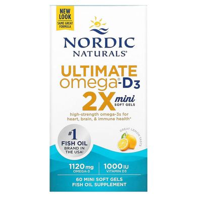 Nordic Naturals, Ultimate Omega 2X с витамином D3, лимон, 60 мягких мини-таблеток (NOR-06105), фото