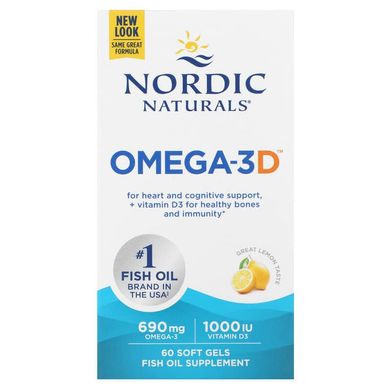 Nordic Naturals, Omega-3D, со вкусом лимона, 1000 мг, 60 мягких желатиновых капсул (NOR-01761), фото