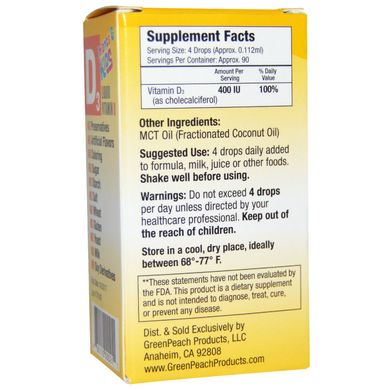 Вітамін Д3 для малюків і дітей, Liquid Vitamin D3, GreenPeach, 400 МО, 10 мл (GGP-00021), фото