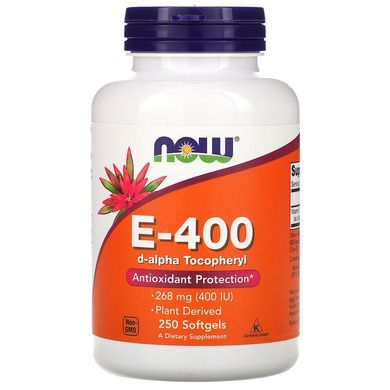 Now Foods, натуральный витамин E-400, 268 мг, 250 капсул (NOW-00839), фото