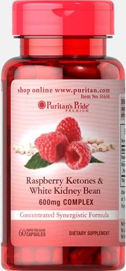 Малинові кетони і біла квасоля, Raspberry Ketones White Kidney Bean, Puritan's Pride, 100 мг, 60 ге (PTP-51658), фото