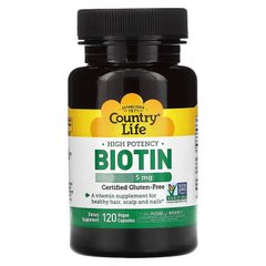 Country Life, Высокоэффективный биотин, 5 мг (5000 мкг), 120 вегетарианских капсул (CLF-06506), фото
