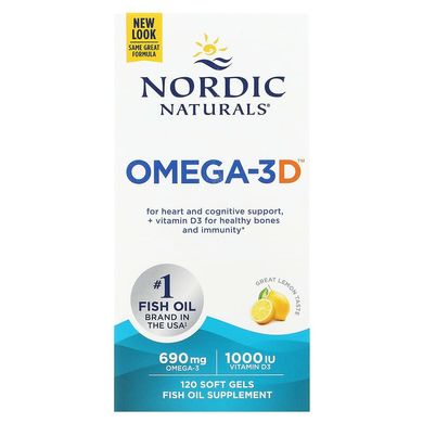 Nordic Naturals, Omega-3D, зі смаком лимона, 1000 мг, 120 м'яких желатинових капсул (NOR-02761), фото