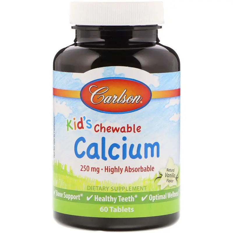 Жевательный кальций для детей, Chewable Calcium, Carlson Labs, ваниль, 250 мг, 60 таблеток (CAR-05083)
