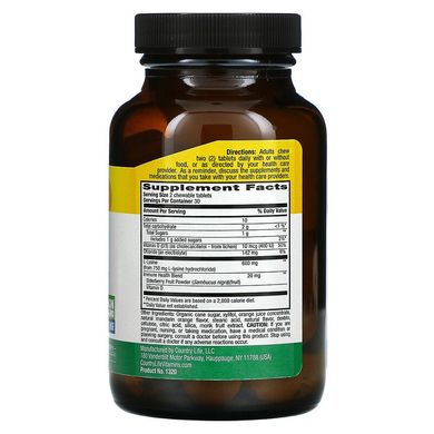 Country Life, L-лизин, 600 мг, 60 жевательных таблеток (CLF-01320), фото