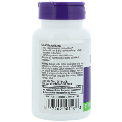 Natrol, Мелатонін, 3 мг, 60 таблеток (NTL-00510), фото