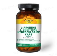Country Life, L-аргинин, L-орнитин, 1000 мг, 60 капсул (CLF-01035), фото