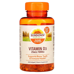 Sundown Naturals, Витамин D3, 25 мкг (1000 МЕ), 400 мягких таблеток (SDN-19995), фото