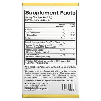 California Gold Nutrition, пребиотическая клетчатка с куркумой, имбирем и босвеллией, 30 пакетиков по 6,3 г каждый (CGN-02013), фото