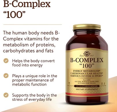 Solgar, комплекс витаминов группы B «100», 250 вегетарианских капсул (SOL-01151), фото