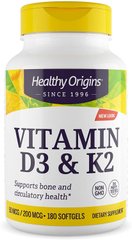 Витамин Д3 и К2, Vitamin D3 + K2, Healthy Origins, 180 гелевых капсул (HOG-27453), фото