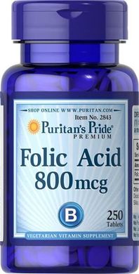 Фолиевая кислота, Folic Acid, Puritan's Pride, 800 мкг, 250 таблеток (PTP-12843), фото