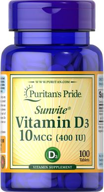 Витамин Д3, Vitamin D3, Puritan's Pride, 400 МЕ, 100 таблеток (PTP-11140), фото
