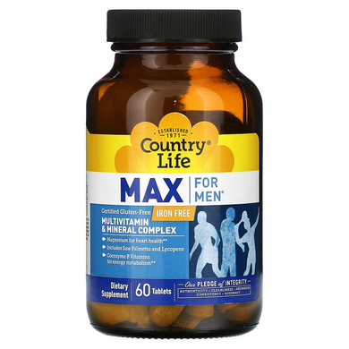 Country Life, Max for Men, комплекс мультивитаминов и микроэлементов для мужчин, не содержит железа, 60 таблеток (CLF-08135), фото