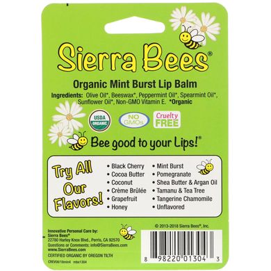 Органічний бальзам для губ Sierra Bees, м'ятний вибух, 4 в упаковці (MBE-01304), фото