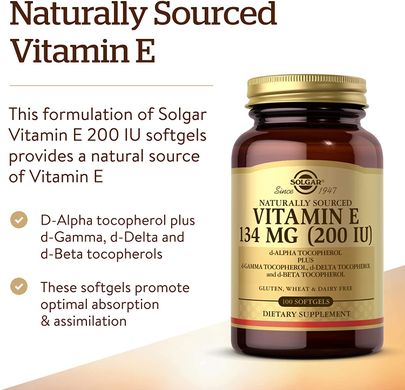 Solgar, Натуральный витамин Е, 134 мг (200 МЕ), 100 мягких желатиновых капсул (SOL-03501), фото