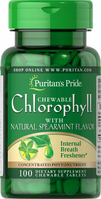 Puritan's Pride, Жувальний хлорофіл з натуральним ароматом для м'яти, 100 жувальних таблеток (PTP-14190), фото