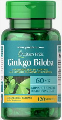 Гінкго білоба, Ginkgo Biloba, Puritan's Pride, стандартизований екстракт, 60 мг, 120 гелевих капсул (PTP-15404), фото