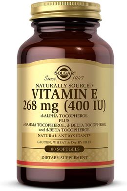 Solgar, Витамин Е природного происхождения, 268 мг (400 МЕ), 100 мягких желатиновых капсул (SOL-03541), фото