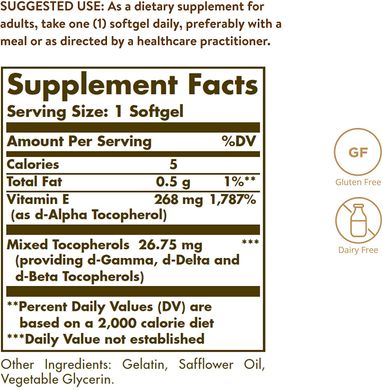 Solgar, Витамин Е природного происхождения, 268 мг (400 МЕ), 100 мягких желатиновых капсул (SOL-03541), фото