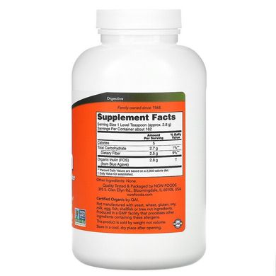 Now Foods, сертифицированный органический инулин, пребиотик в чистом порошке, 454 г (NOW-02951), фото
