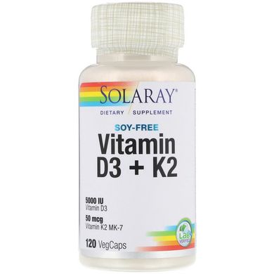 Solaray, витамины D3 и K2, 125 мкг (5000 МЕ)/50 мкг, без сои, 120 вегетарианских капсул (SOR-57445), фото