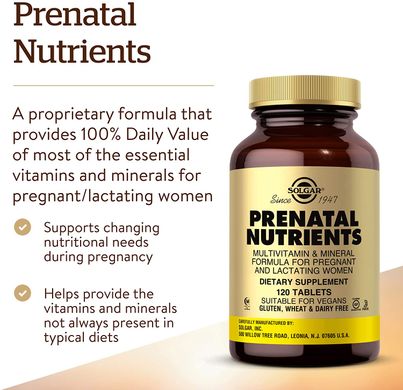 Solgar, Prenatal Nutrients, мультивитамины и мультиминералы для беременных, 120 таблеток (SOL-02272), фото