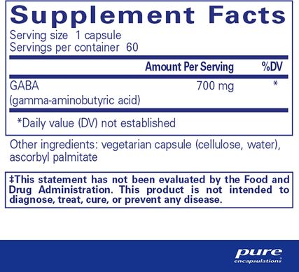 Pure Encapsulations, ГАМК, 700 мг, 60 рослинних капсул (PE-01025), фото
