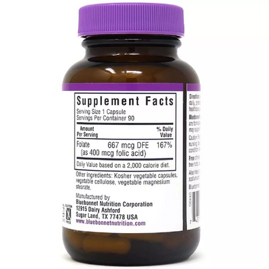 Фолиевая кислота 400 мг, Folic Acid, Bluebonnet Nutrition, 90 вегетарианских капсул (BLB-00449), фото