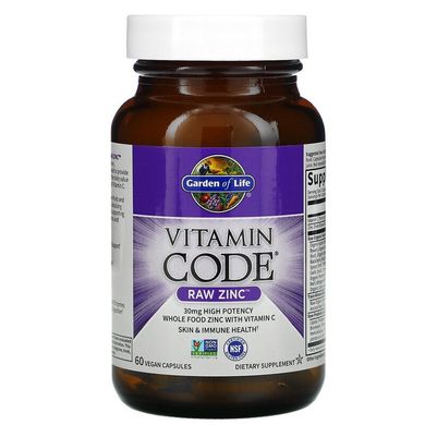 Garden of Life, Vitamin Code, RAW Zinc, 60 веганських капсул (GOL-11652), фото