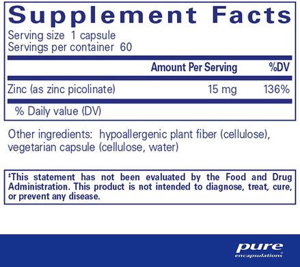 Pure Encapsulations, піколінат цинку, 15 мг, 60 капсул (PE-00250), фото