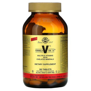 Solgar, Formula V, VM-75, комплексні вітаміни з хелатними мінералами, 180 таблеток (SOL-01183), фото