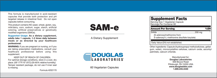 S-Аденозілметіонін, SAM-e, Douglas Laboratories, 60 капсул (DOU-97756), фото