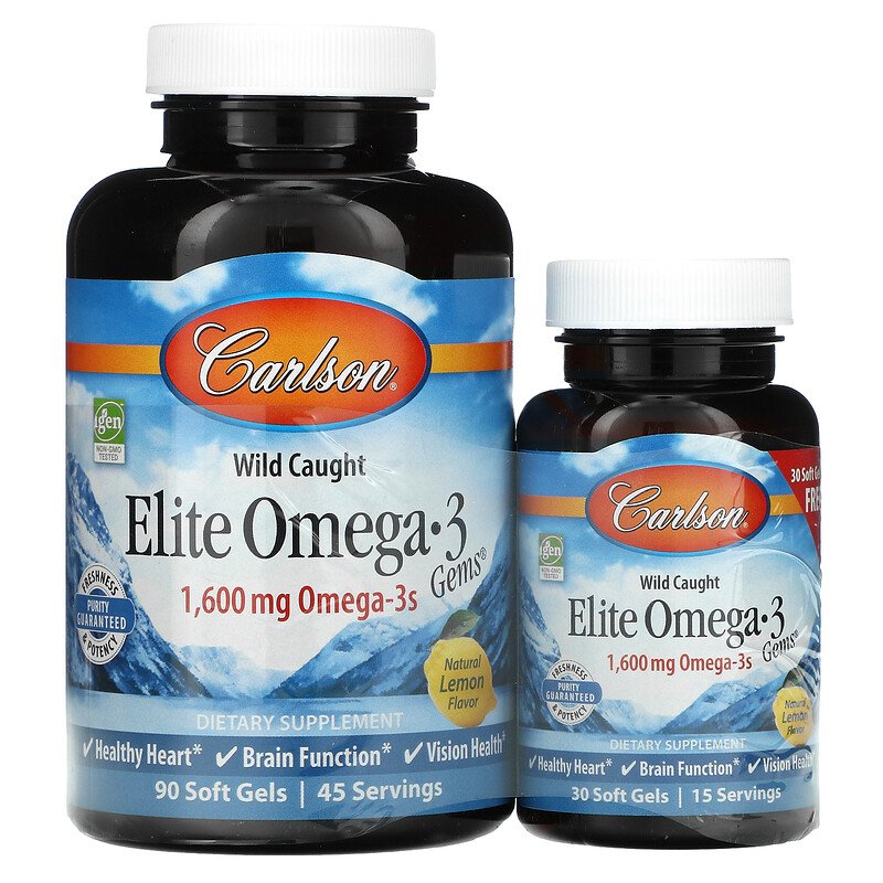 Carlson Labs, Elite Omega-3 Gems, отборные омега-3 кислоты, натуральный лимонный вкус, 800 мг, 90+30 мягких таблеток