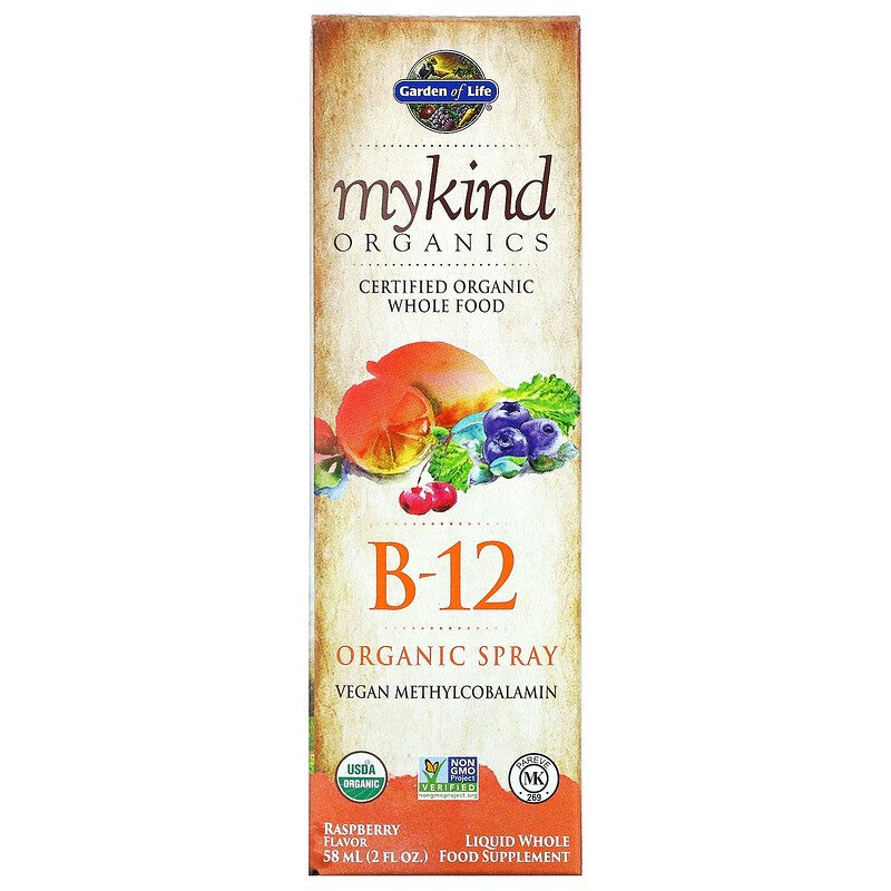 Garden of Life, MyKind Organics, органический спрей с витамином B12, со вкусом малины, 58 мл